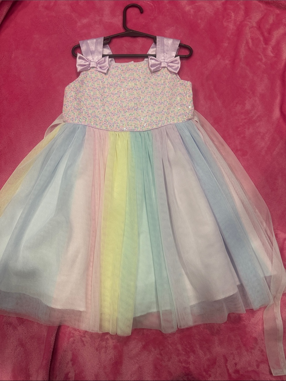 Jona Michelle Pastel Rainbow Tulle Party Dress with Lavender Bows